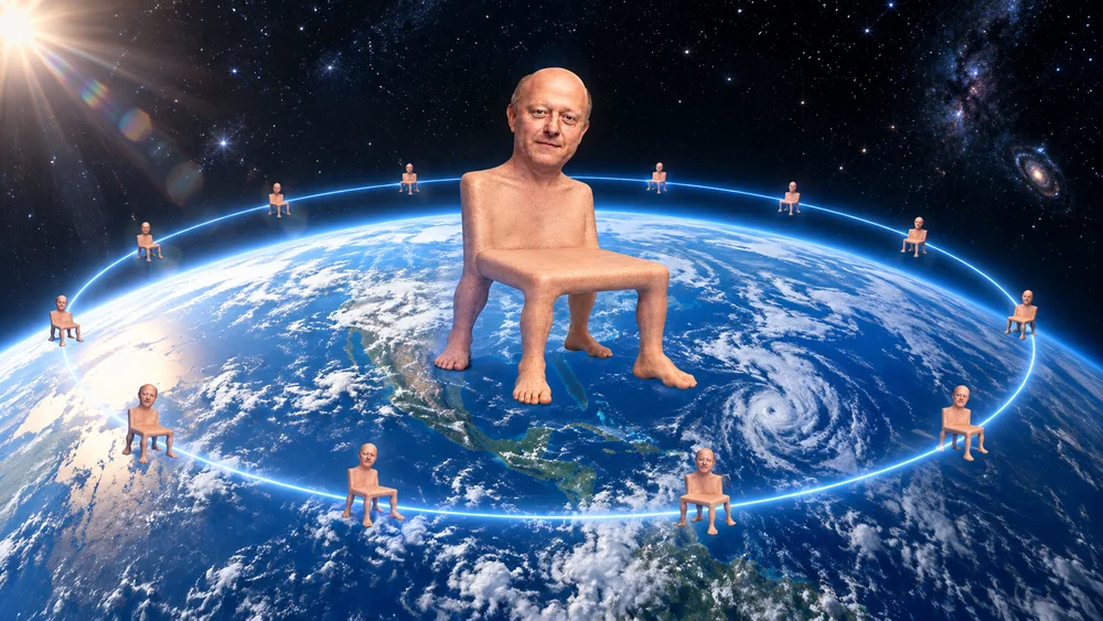 A giant CHAIREMY and smaller chairs orbit planet Earth